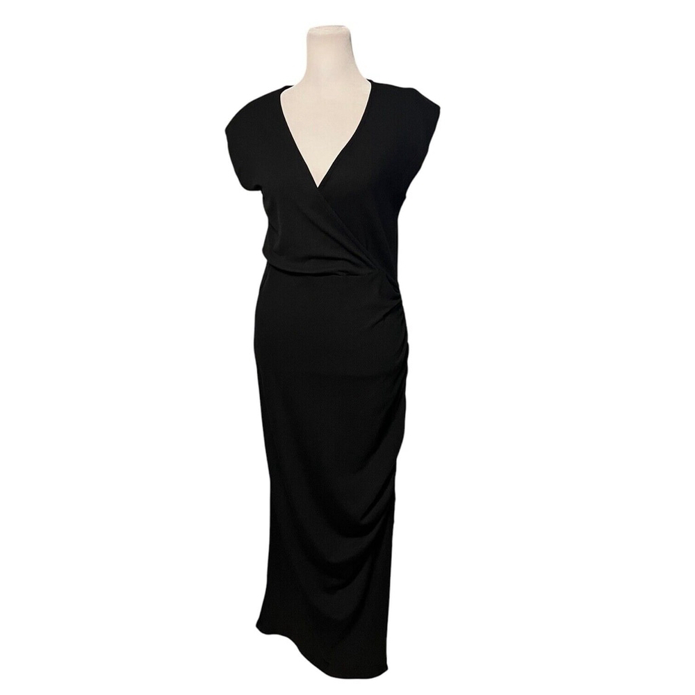 Rachel Zoe Black Ribbed Faux Wrap Ruched Side Maxi Dress Size Medium
